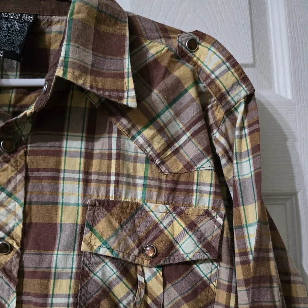 Y2K Green Oak Pearl Snap Brown & Green Plaid Long Sleeve Western Shirt, XL.